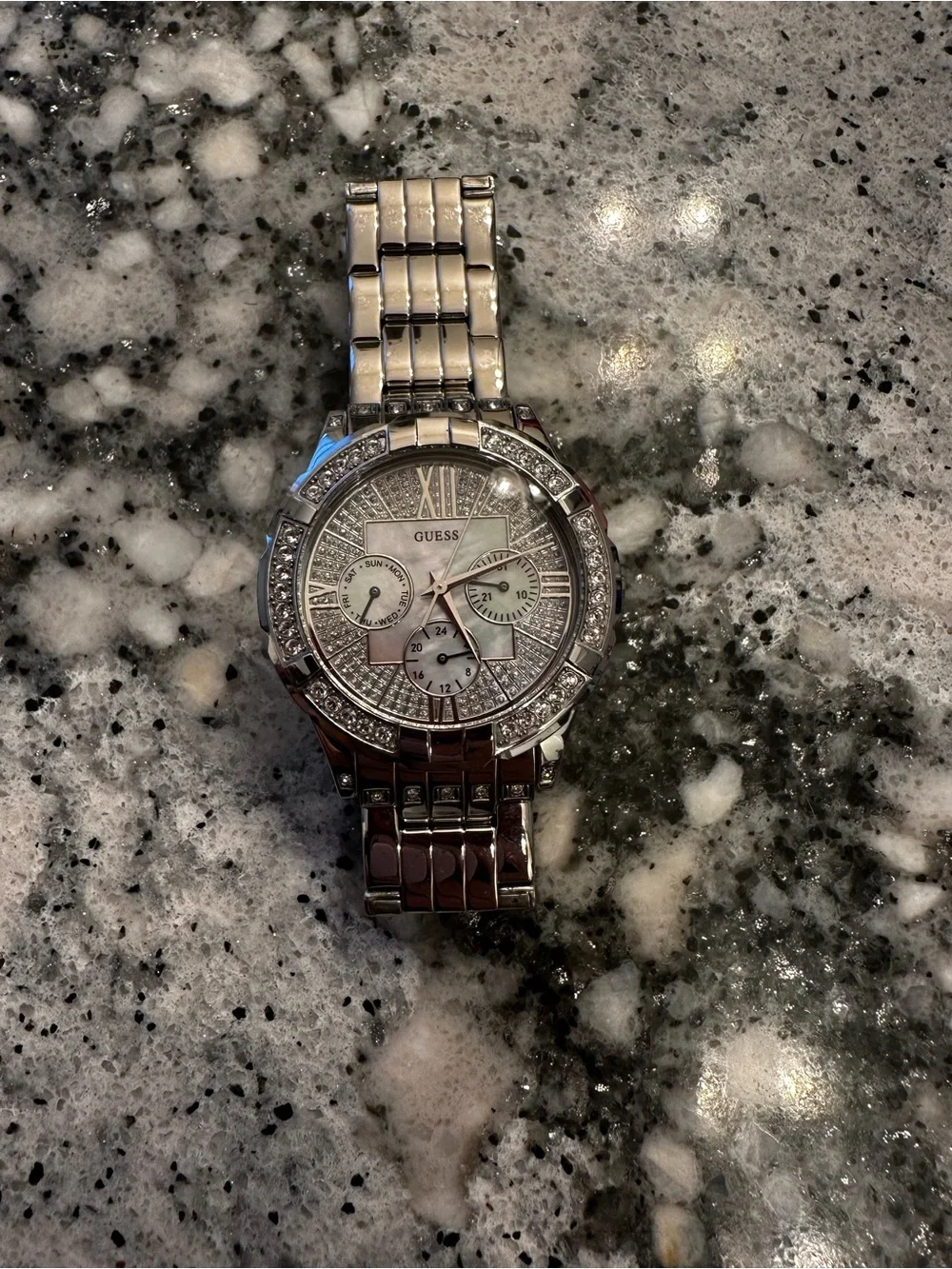GUESS Silver Crystal-Accent Women's Bracelet Watch with Mother-of-Pearl Dial